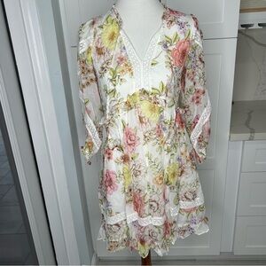 Hale Bob Women’s Floral And Lace Ruffle Long Sleeve Dress Lined Size XS Pockets